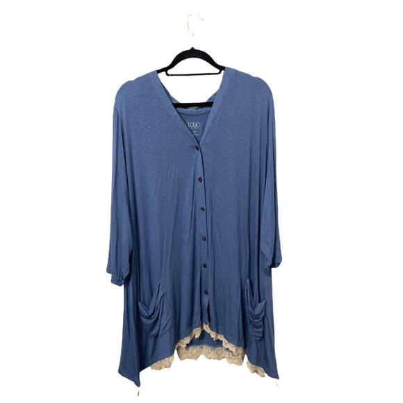 LOGO by Lori Goldstein Blue Lace Hem Stretch Knit Tunic Top, Size 3X